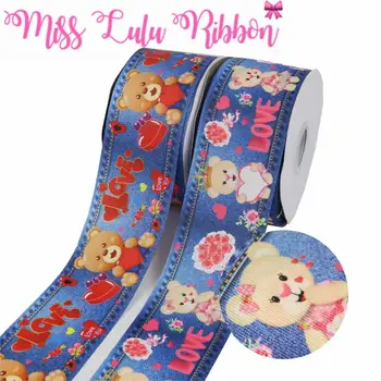 

16mm-75mm Valentine's Day Series Cartoon Bear Heart Love Jeans Printed Grosgrain/Foe Ribbon DIY Hair Bowknots 50yards/roll