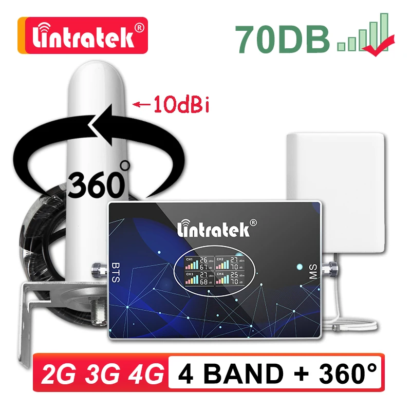 Lintratek cuatro banda amplificador de señal para teléfono móvil B20 800, 900, 1800, 2100, 2600, 850 repetidor GSM 2G 3G 4G LTE 70dB celular Booster