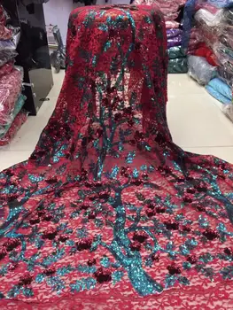 

2019 Hot Sale French Lace Fabric Wine Red Green Nigeria Lace Fabric High Quality African Tulle Lace Fabric For Wedding Party