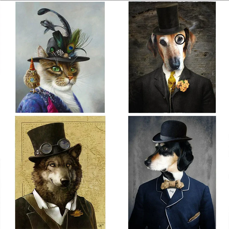 Черный и белый стильный кота собаки волк лиса настенные художественные плакаты принты животных в шляпе перо