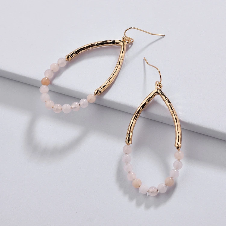 

Teardrop Gold Metal Dangle Earring with Natural Gems Stone Beads Women Handmade Trendy Hoop Earrings Wholesales WX1722