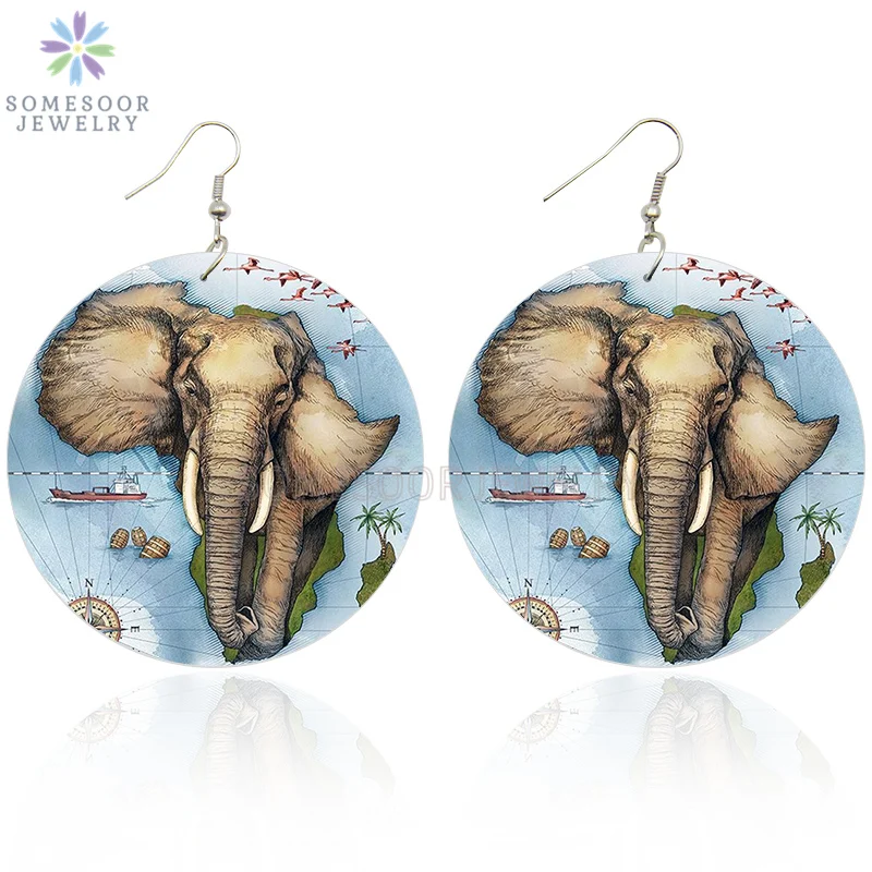 

SOMESOOR Printing Afro Elephant Wooden Drop Earrings African Animal Eco Map Design 6cm Large Dangle Earring Jewelry Women Gifts