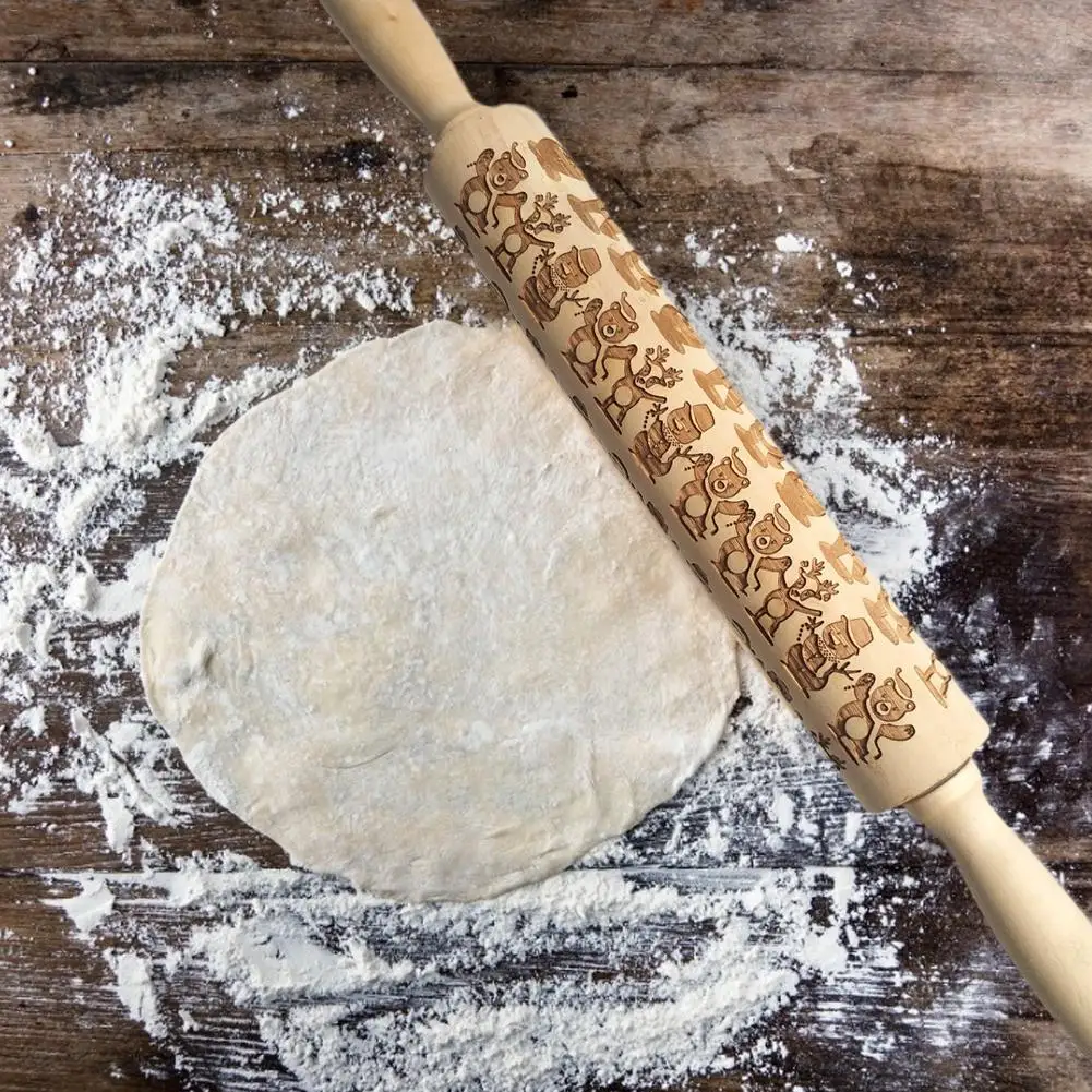 Rolling Pin Christmas Snowman Bear Deer Laser Engraving Rolling Pin Embossing Baking Biscuit Dough Kitchen Tools