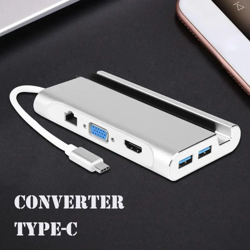 

8 in 1 USB Type-C HUB HDMI VGA LAN RJ45 3 USB3.0 PD Phone Bracket Adapter