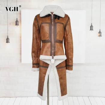 

VGH Irregular Casual PU Leather Coat For Women Lapel Long Sleeve Patchwork Lambswool Jackets Female 2020 Fall Fashion New Tide