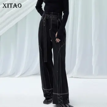 

XITAO Patchwork Hit Color Button Wide Leg Pants Women 2020 Winter Casual Fashion New Style Temperament Women Clothes ZY2763