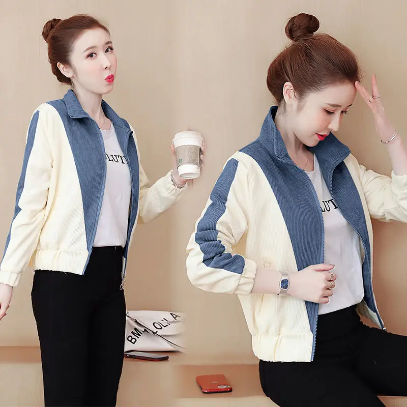 Women Basic Coats Lining Corduroy Stitching Contrast Color Jacket 2021 Autumn Female Stand-up collar Tops Student Outerwear