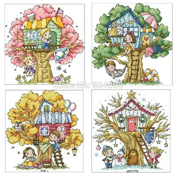 

Four seasons tree house patterns Counted Cross Stitch 11CT 14CT 18CT DIY Chinese Cross Stitch Kits Embroidery Needlework Sets
