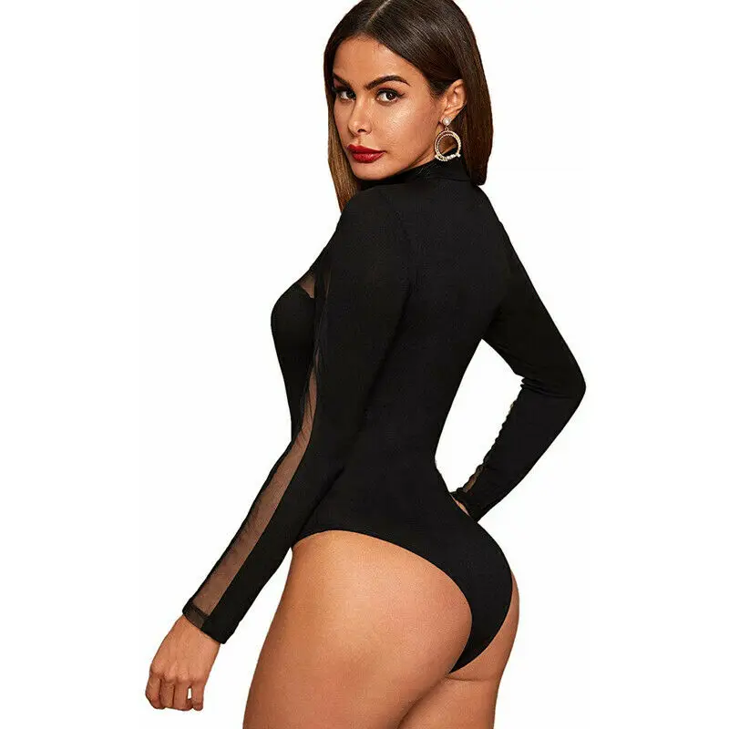 Body Sexy de malla transparente para mujer, Body de manga larga, cuello  alto, encaje de retales, Color negro sólido - AliExpress