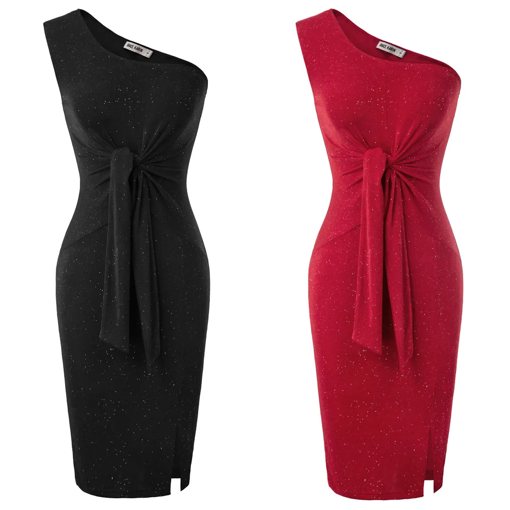 Black/Red Women dresses Self-tie Details Pencil Dress Sleeveless One Shoulder Hips-Wrapped lace-up split sexy dress vestido lady