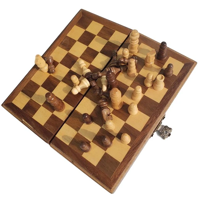 Conjunto de xadrez dobrável de madeira, portátil, artesanato