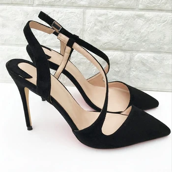 

2020 new s belt stiletto sandals black suede pointed toe small size shallow mouth solid color all-match high-heeled shoes