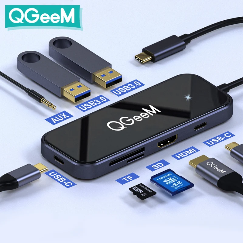 Концентратор QGeeM на 8 портов USB C для Macbook Pro Air USB-концентратор 3 0 адаптер TF SD 5 мм PD Aux