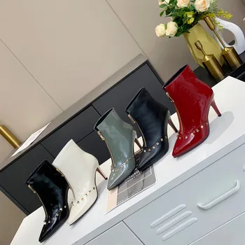 

Rivets Patent Ankle Boots Women Sexy Pointed Toe High Thin Heels Zipper Genuine Leather 2020 Luxury Brand Designer Women Shoes