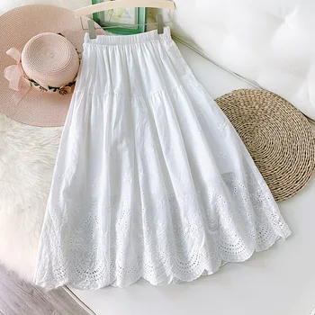 

FairyShely 2020 Spring Summer Women Thin cotton Skirts High Waist Umbrella Mid Hole White Skirt female Cutout Solid Long skirt