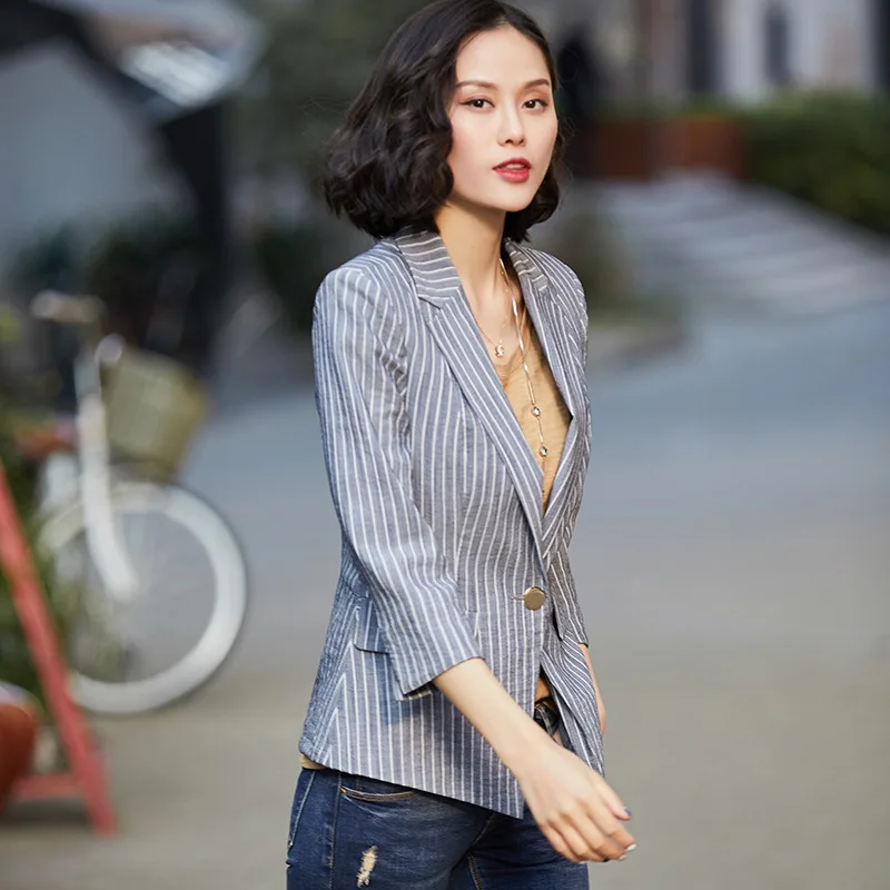 

2018 Spring And Summer New Style Stripes Small Suit WOMEN'S Coat Retro Cotton Linen Graceful Elegant Slim Fit Blazer