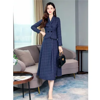 

Woolen Plaid Small Suit Set Skirt Suit Women's Fashion Double-breasted Button Woolen Plaid Small Blazer + Skirt Two-piece Set