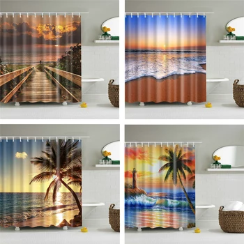 

3D Seaside Landscape Shower Curtains Waterproof Bathroom Supply Bath Curtain Set with Hooks Bath Screen Decor