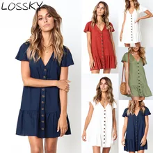 Однотонное повседневное мини-платье, сексуальное женское платье с v-образным вырезом, коротким рукавом, рюшами и пуговицами, новинка, летние платья, хлопковое белое платье для женщин Vestidos