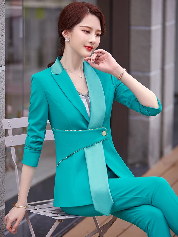 High Quality Office Ladies Black Green Blue Pink Pant Suit Trousers Women Elegant Female Formal Work Business 2 Piece Set S-5XL pink pant suit