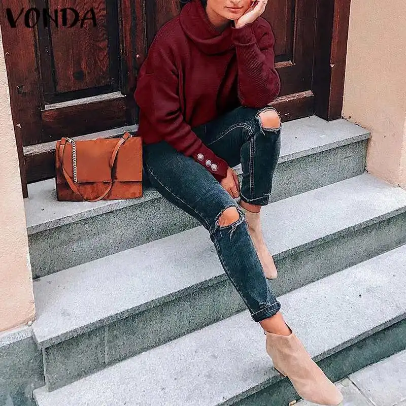 VONDA, женские осенние Топы с длинным рукавом и блузки,, женские рубашки с высоким воротом, Весенняя зимняя блуза, богемные блузы размера плюс