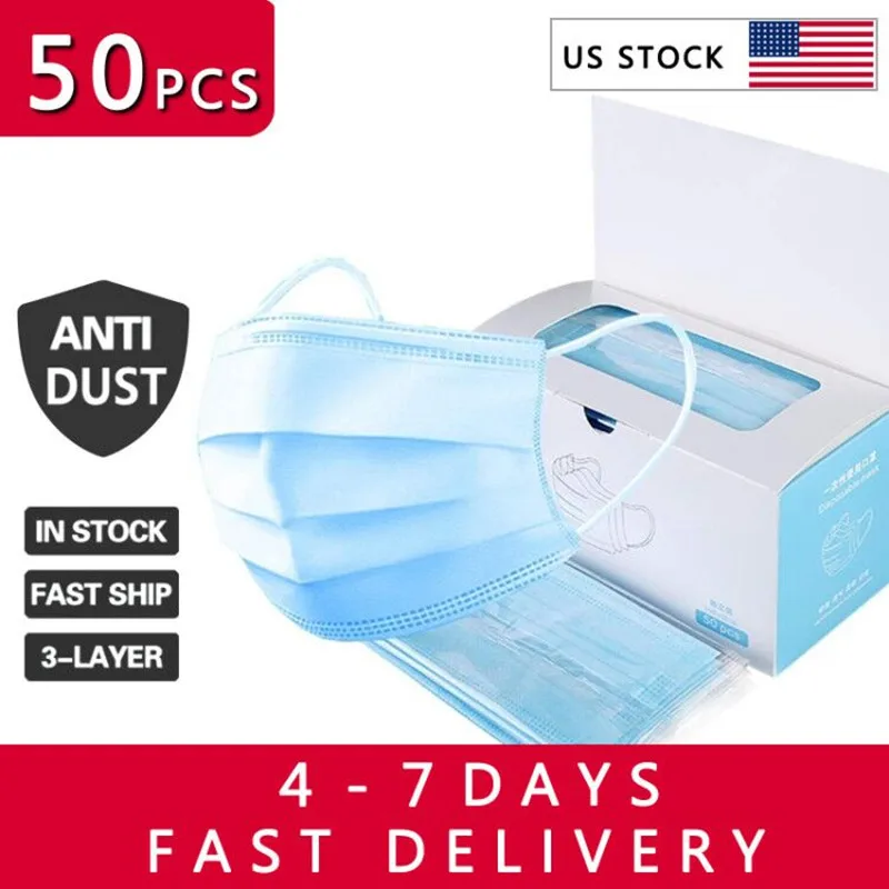 

50Pcs 3 Layer Disposable Face Masks Anti-Dust Mask Protection Masks Elastic Ear Loop Disposable Filter Safty Face Mouth Mask
