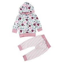 Одежда для детей и малышей 0-24 месяцев, топ с капюшоном и цветочным принтом для девочек, штаны в полоску, осенне-зимняя одежда