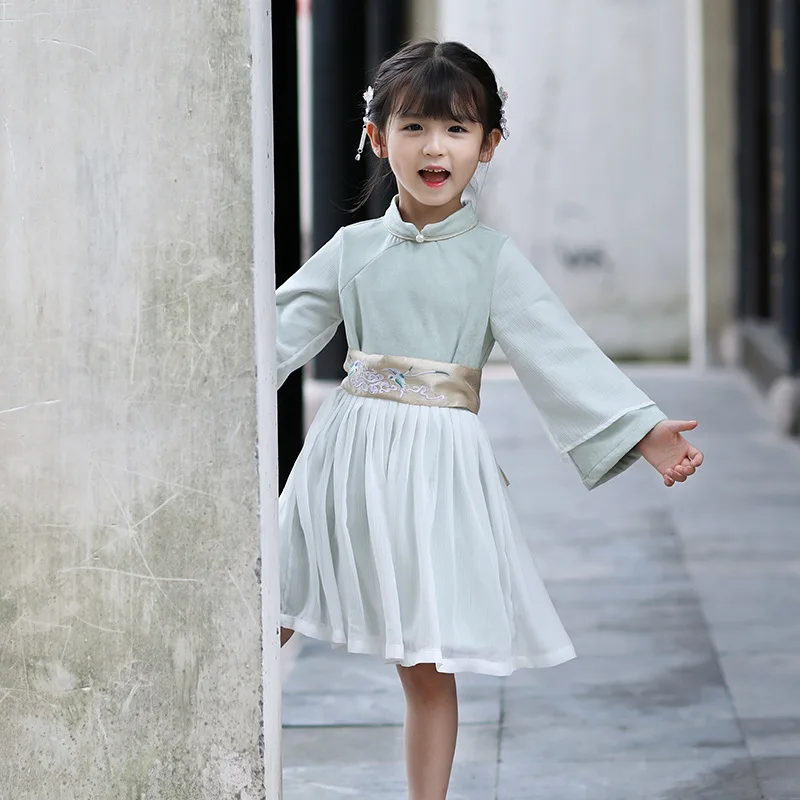Осенне-зимние платья с поясом в китайском стиле для девочек платье Чонсам с вышивкой для девочек традиционная модная Милая одежда для выступлений