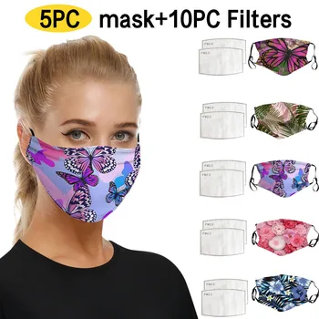 

5PC Print Cotton Mask With 10pc Filter Dustproof Windproof Foggy Haze Protective Mascarilla Face Mask masque adulte réutilisable