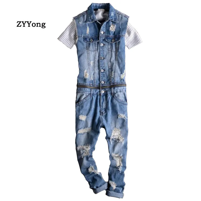 Summer Men's Sleeveless Denim Jumpsuit Hip-Hop Ripped Jeans Removable Waist Casual Overalls Cargo Pants Fashion Hole Trousers