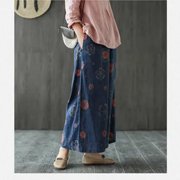 

2020 Spring elastic waist pants new linen digital printed wide-leg pants retro loose literary plus size sweat women trousers