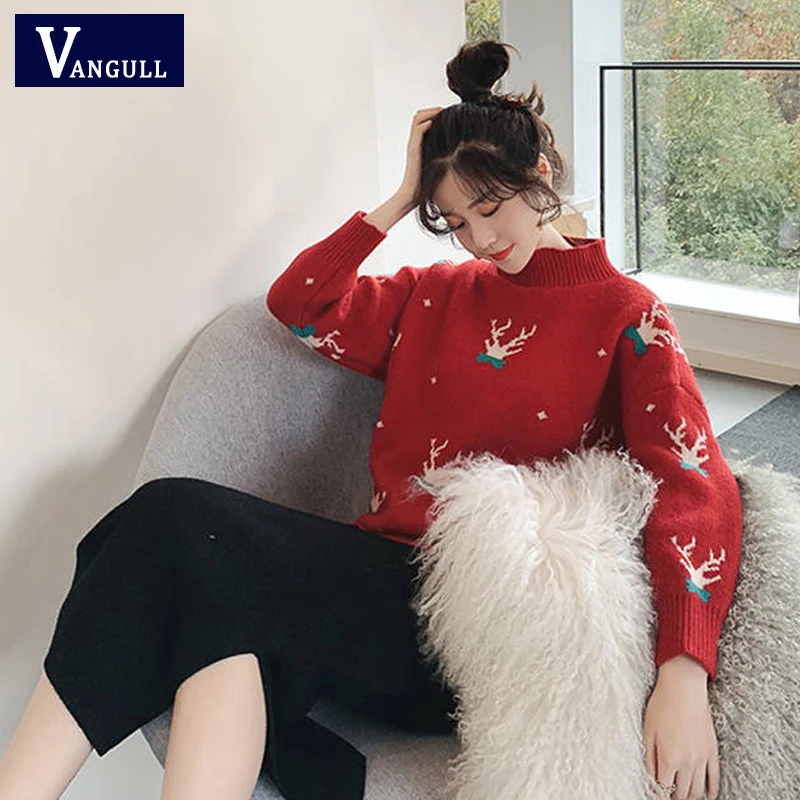 

Vangull Red Christmas Sweater Classic Deer Printed Half-Turtleneck Xmas Knitted Pullover Women Loose Tops Lady Winter Warm Femme
