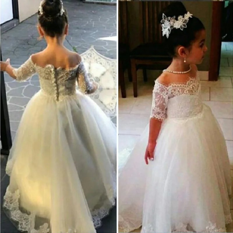 51Princess White Off the Shoulder Lace Appliques Flower Girls Dresses For Weddings Half Sleeves Little Kids Girl Dresses