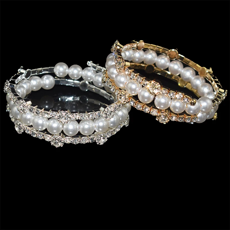Fashion Crystal Open Wrist Bangles for Women Girls Luxury Imitation Pearl Gold Silver Plated Bracelets Bangles Bridal Jewelry 3