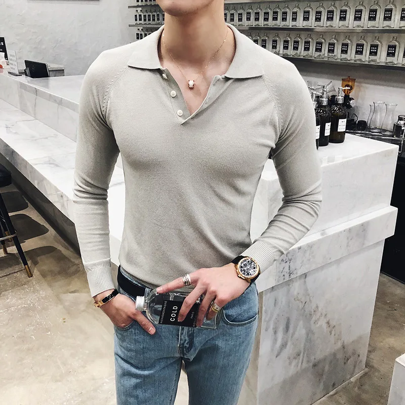 Однотонная повседневная обувь осень-зима Поло рубашка Для мужчин хлопок Slim Fit с длинным рукавом футболки-поло нескатывающаяся верхняя одежда поло для мужчины