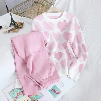 

New Autumn Winter Sweet Love Print Beads Pullover Top Sweater + High Waist Double Pockets Knitted Pants Two-piece Set for Women