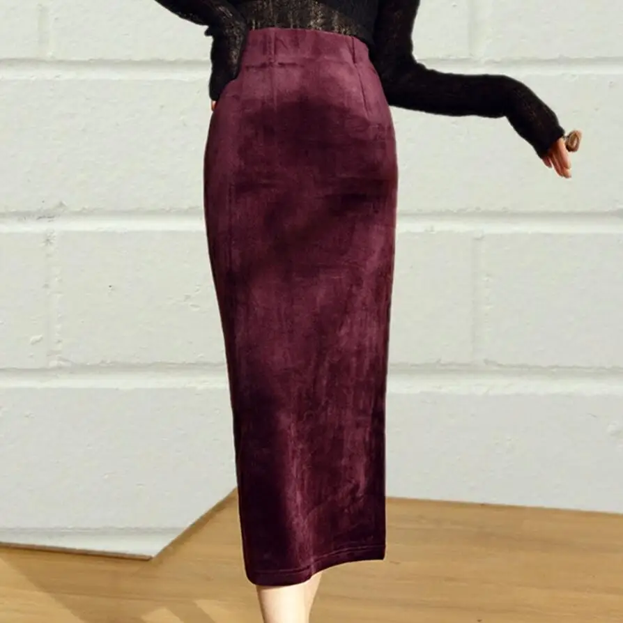 Осень-зима, бархатная Женская юбка, высокая талия, длинная юбка-карандаш размера плюс 5XL
