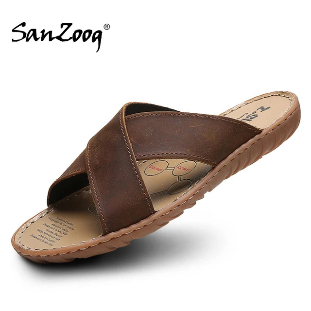 Cross Design Leather Pam Slippers 