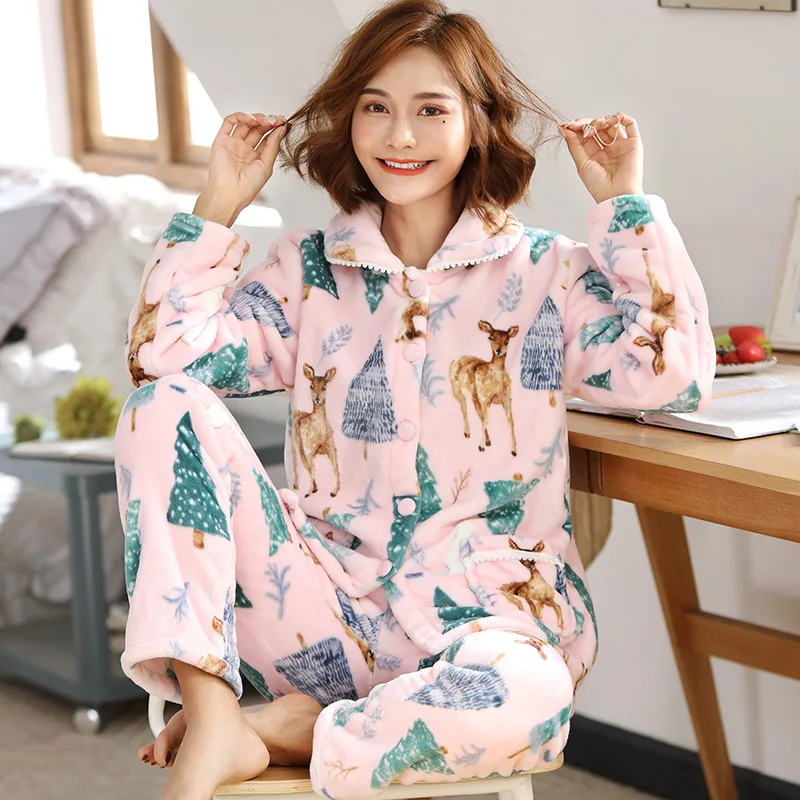 Пижамы для женщин, большой размер, розовый, корейская мода, плюс бархат, толстый, для девочек, пижамный комплект, Женская домашняя одежда из двух частей, зимняя, теплая - Цвет: 11