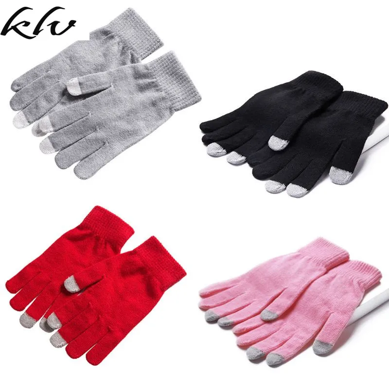 

Womens Winter Full Fingered Magic Touch Screen Gloves Ribbed Knit Elastic Cuff Solid Color Thickened Thermal Ski Mittens