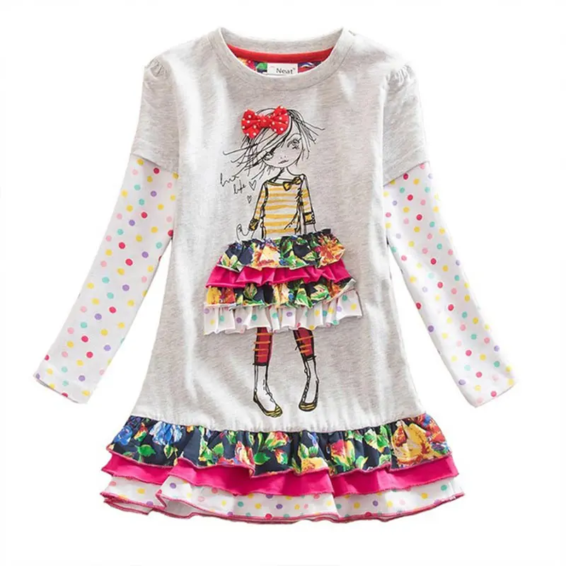 VIKITA Girls Dresses Autumn Children Cotton Casual Dress Toddlers Long Sleeve Cartoon Vestidos Kids Princess Dress For Girl