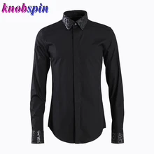 Мужская приталенная рубашка с леопардовым воротником, с длинным рукавом, Фирменное Качество, 80% хлопок, деловая Мужская одежда, рубашки, черные, белые, повседневные, Camisas M-4XL