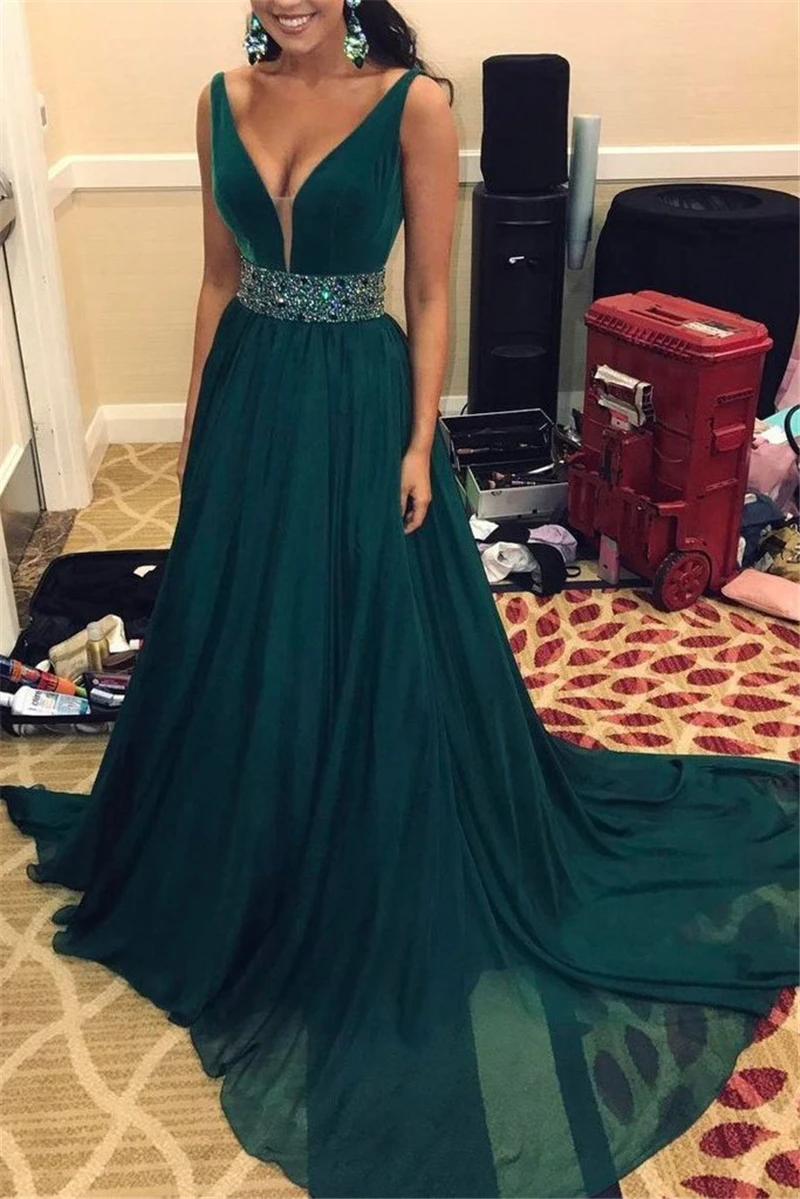 

Elegant A Line Beads Green V Neck Long Chiffon Sleeveless Evening Mother of the Bride Dresses robes de soirée abendkleider
