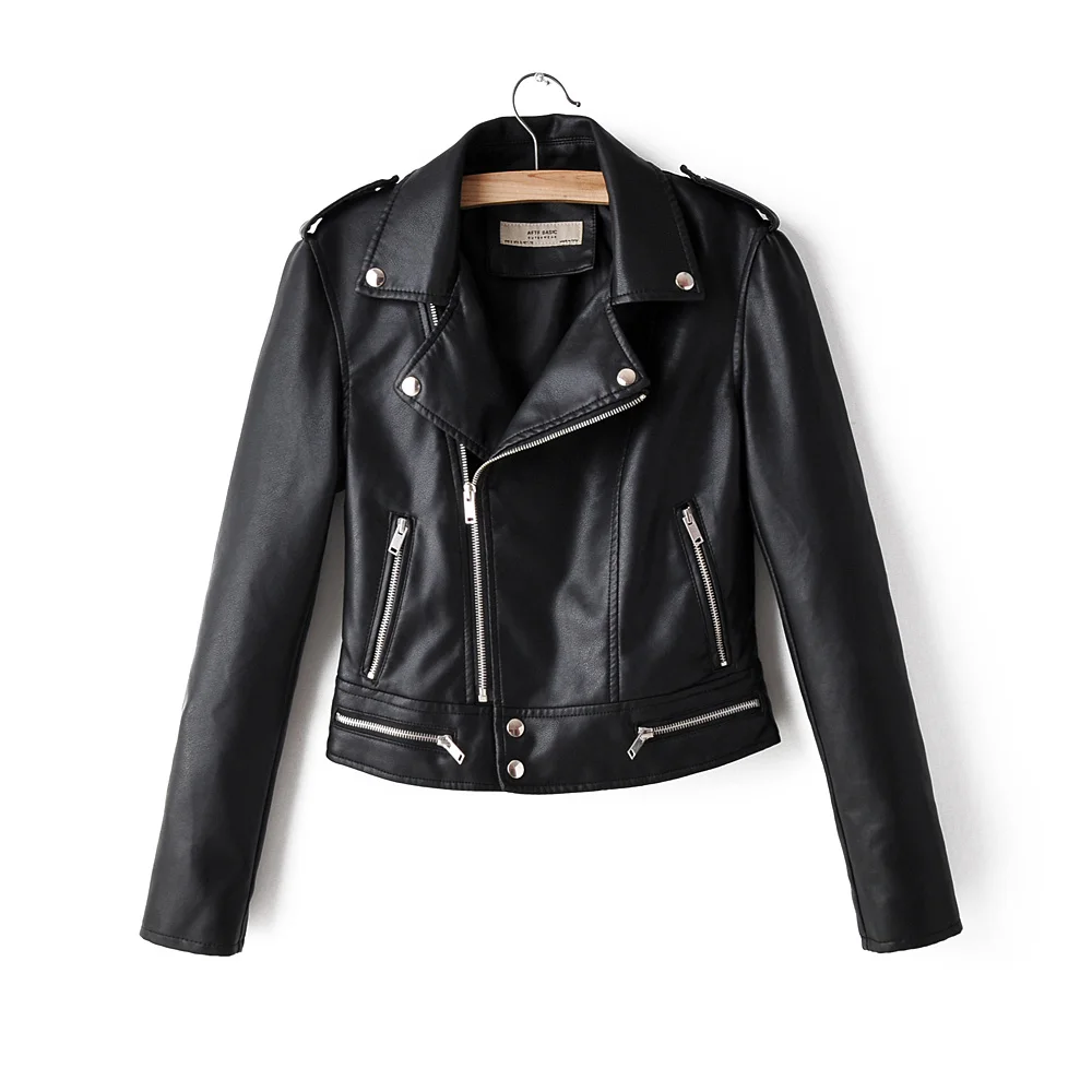 Fall black PU leather jacket women motorcycle biker jacket moto vintage ladies pink faux leather jackets coats female