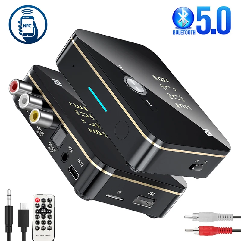 Bluetooth 5.0 Receiver Transmitter NFC LED Stereo 3.5mm AUX Jack RCA Optical Wireless Audio Adapter Handsfree Call Mic TV PC Car |