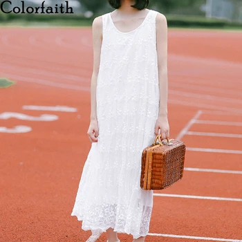 

Colorfaith New 2020 Summer Women Sundress Lace Sleeveless Elegant Loose Casual Fashionable Embroidery White Long Dress DR9782