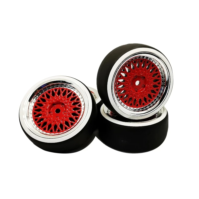 4 Pezzi Rc 1:10 12Mm Pneumatici Esagonali Alla Deriva E Cerchi A Doppia Ruota Rossi + Argento Da Corsa Su Auto Da Strada
