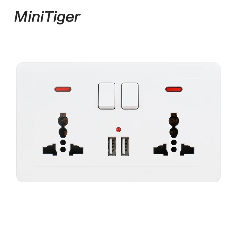 Minitiger 2.1A двойной USB зарядное устройство Порт светодиодный индикатор настенный разъем питания двойной Универсальный 5 отверстий переключаемый выход 146 мм* 86 мм - Тип: White Socket-2