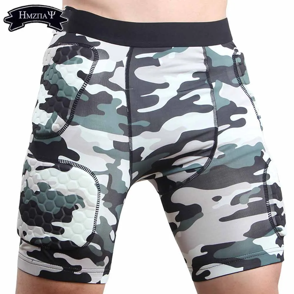 Men's Thicken Compression Sports Camo Skinny Anti-collision Shorts For Rugby Football Ski Training Honeycomb Thigh Protector