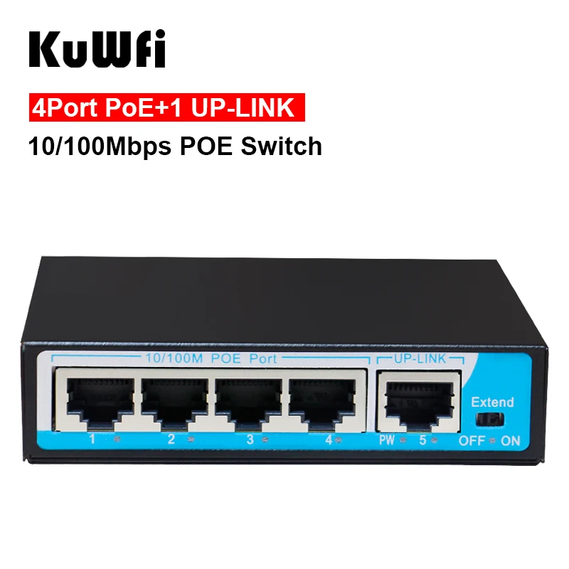 

KuWFi POE Switch 4+1 Ports 100Mbps IEEE 802.3 af/at Fast Ethernet Switcher for CCTV for camera system/Wireless AP Extend 250M